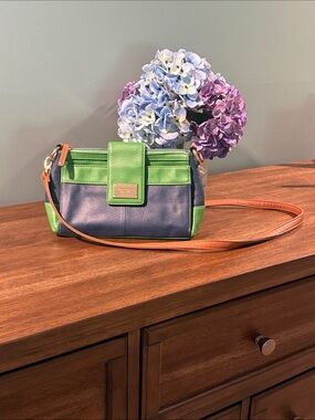 Tignanello Navy and Green Leather Crossbody Bag with Tan Strap